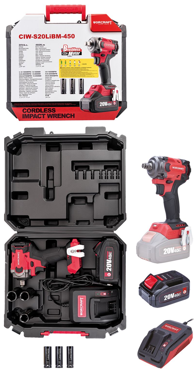 Odvijač udarni Worcraft CIW-S20LiBM-450Nm,1/2",bez četkica,set